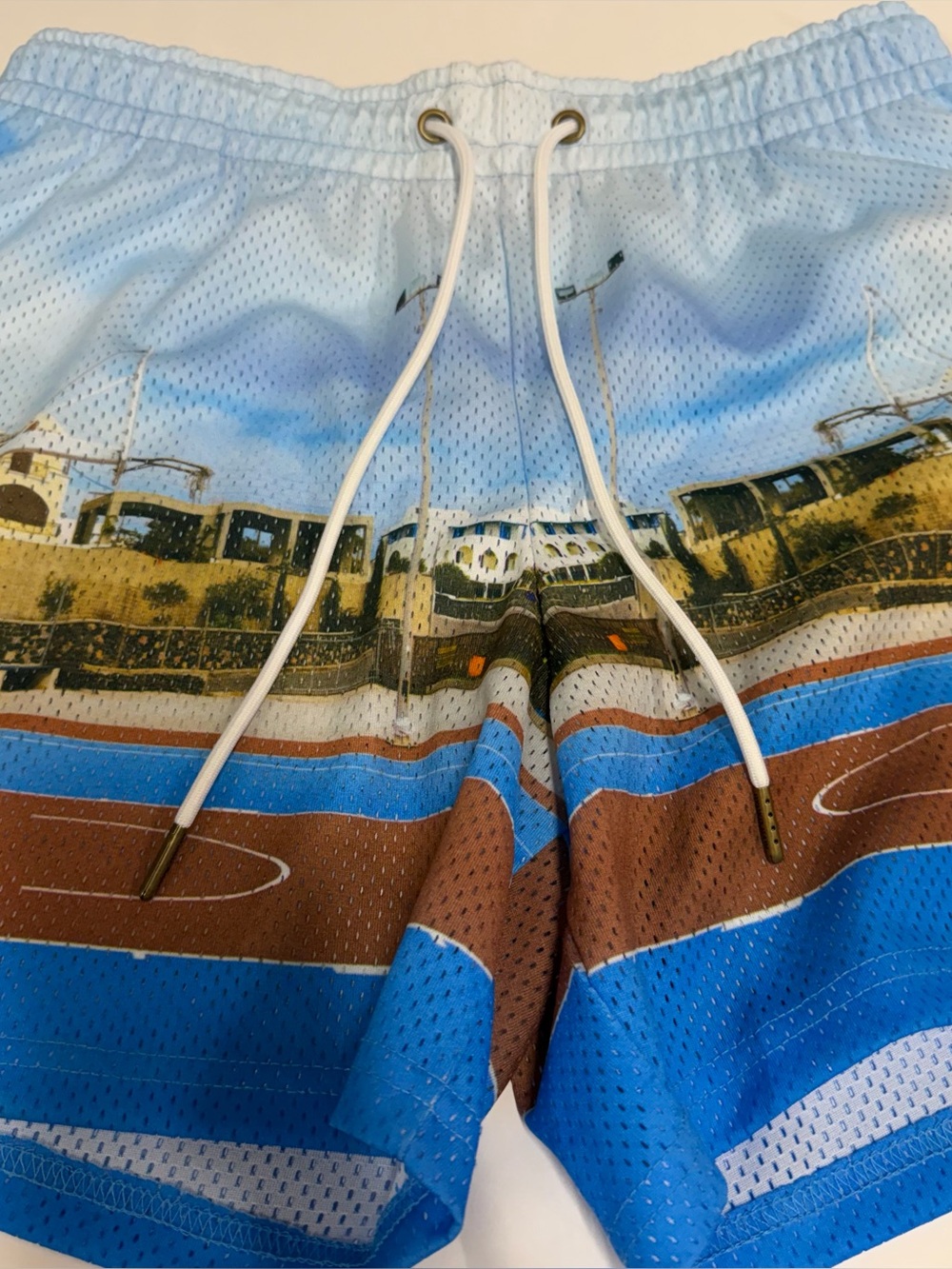 Athletic Mesh Shorts in Light Blue, Brown & Blue with Graphic Print